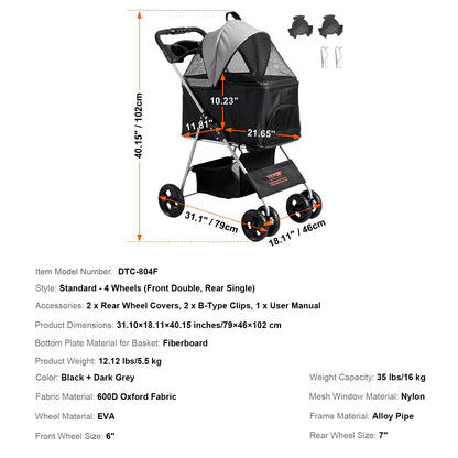 Pet Stroller Carrier Dog Cat Strollers Lightweight Travel Rotate with Brakes Pet Pad Cup Holder for Puppy Accessories