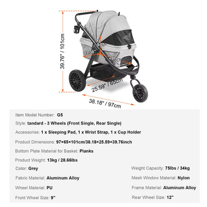 Pet Stroller Carrier Dog Cat Strollers Lightweight Travel Rotate with Brakes Pet Pad Cup Holder for Puppy Accessories